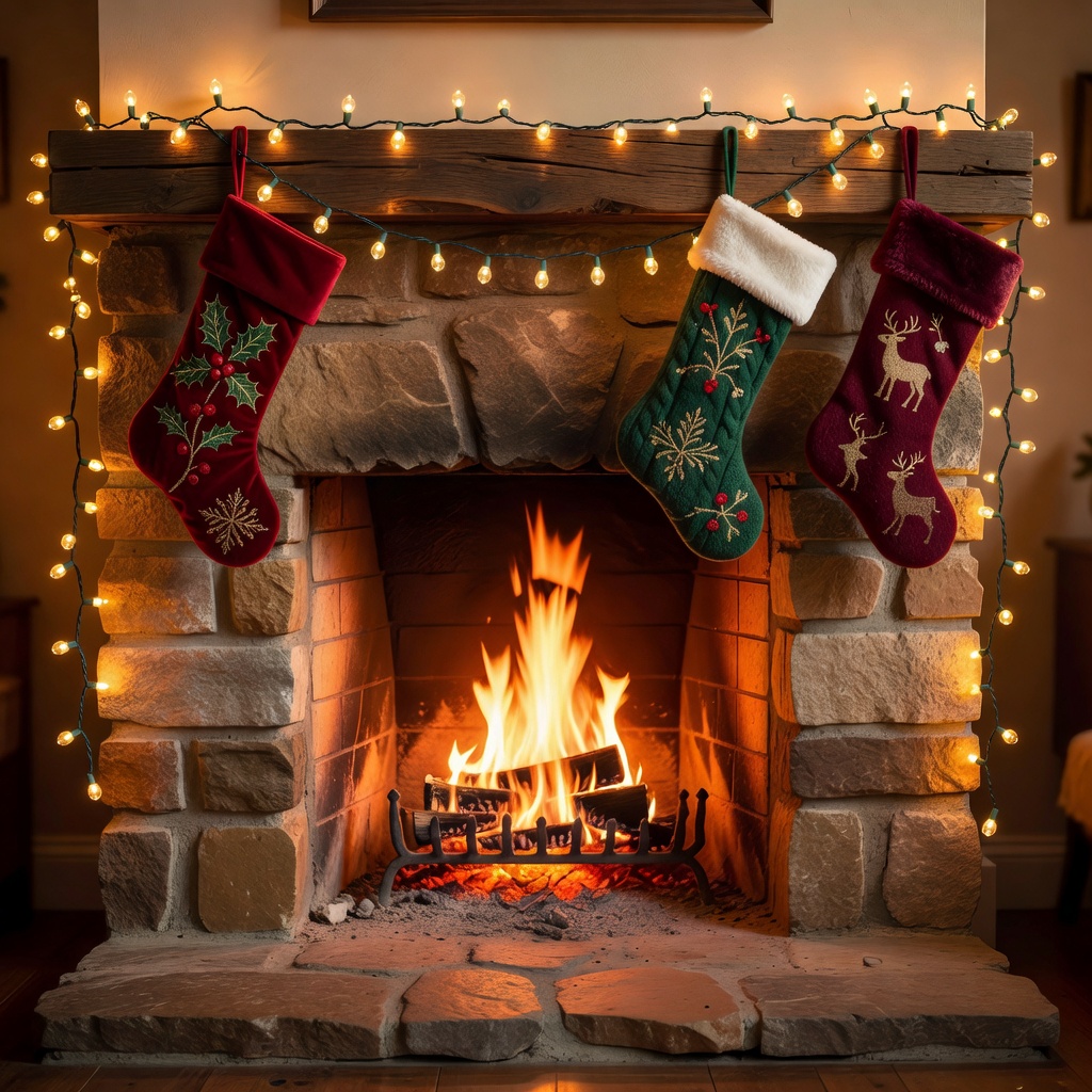 Beautiful warm glowing fireplace decorated with Christmas stockings and holiday lights