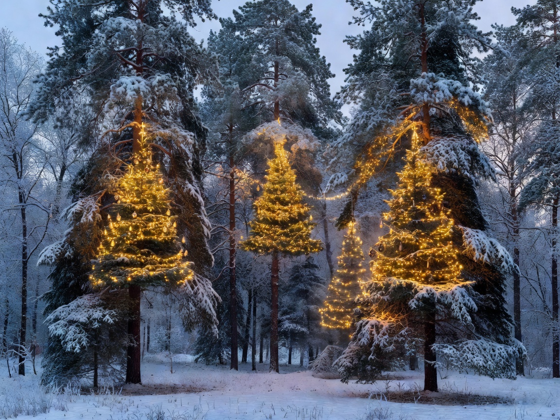 Beautifully hung Christmas trees fairy lights on a frosty winter background
