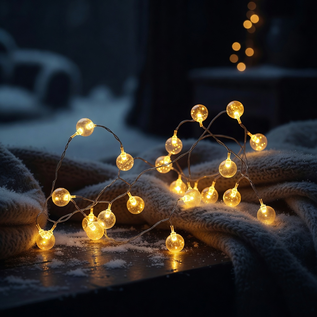 Close-up of golden glowing fairy lights on a dark cozy winter evening