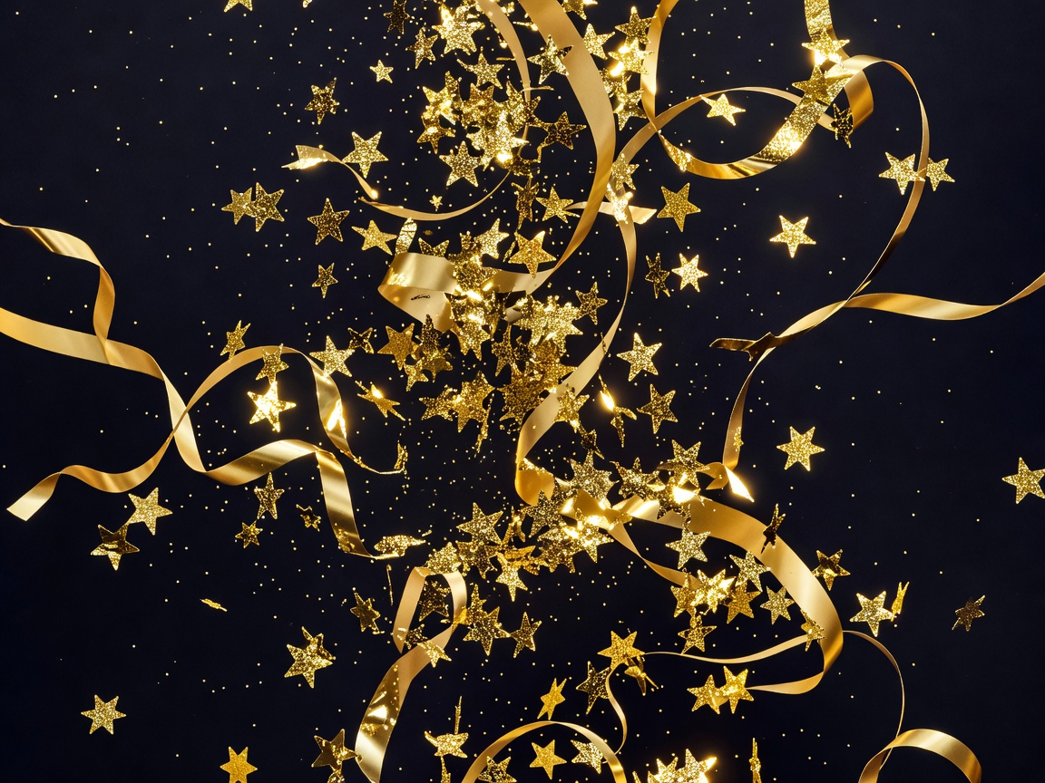Elegant sparkling gold celebration confetti and ribbons over a dark backdrop