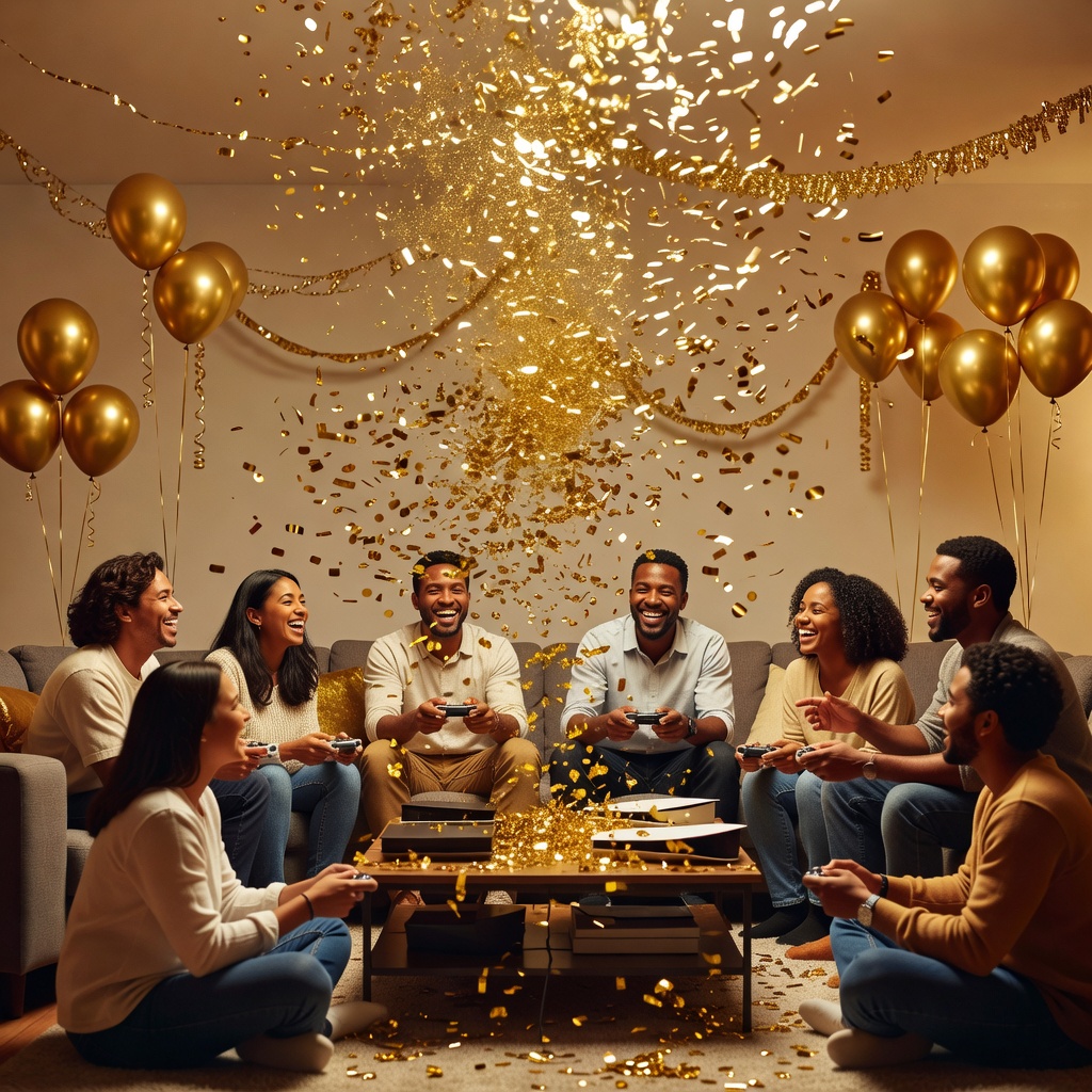 Glittering gold confetti and background decorations highlighting safe social gaming celebration