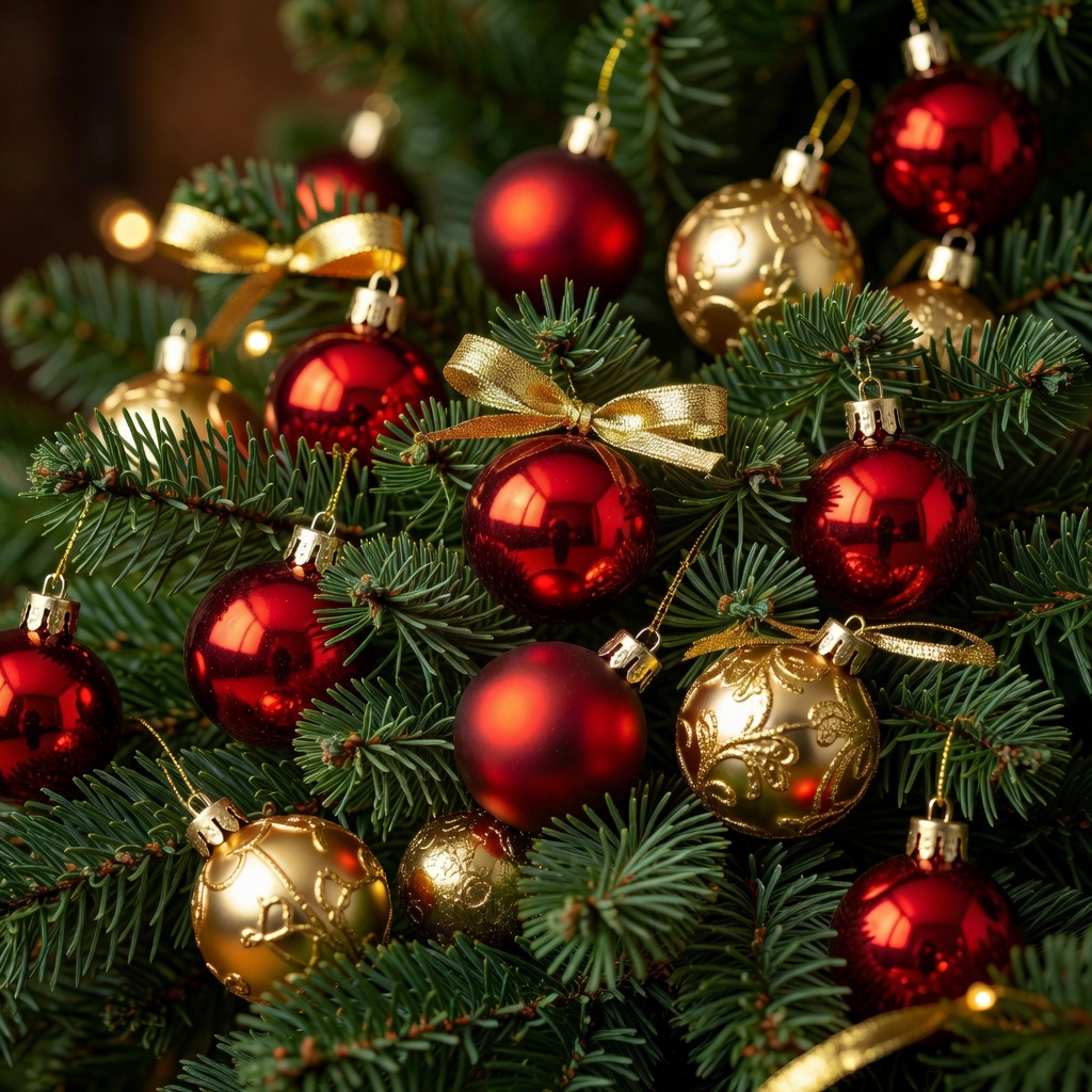 Glossy red and gold festive holiday decorations laying on green pine branches