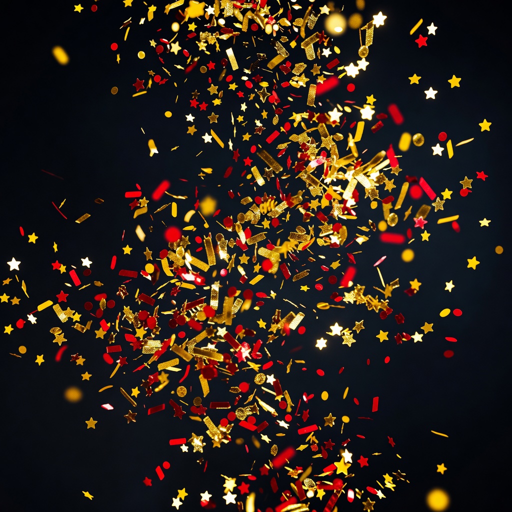 Gold and red colorful confetti falling down on a dark background celebrating fun games