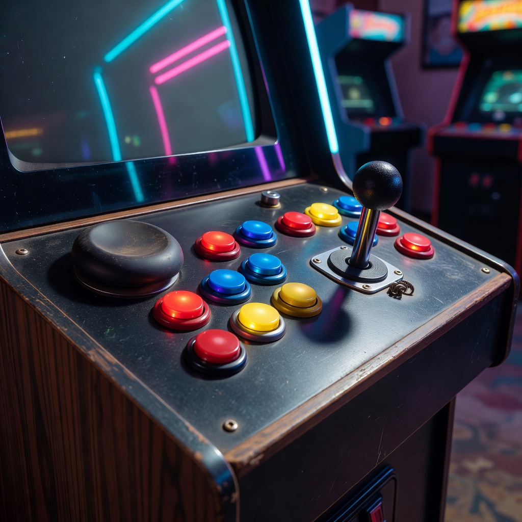 Retro neon-lit arcade console highlighting physical button feedback design concepts