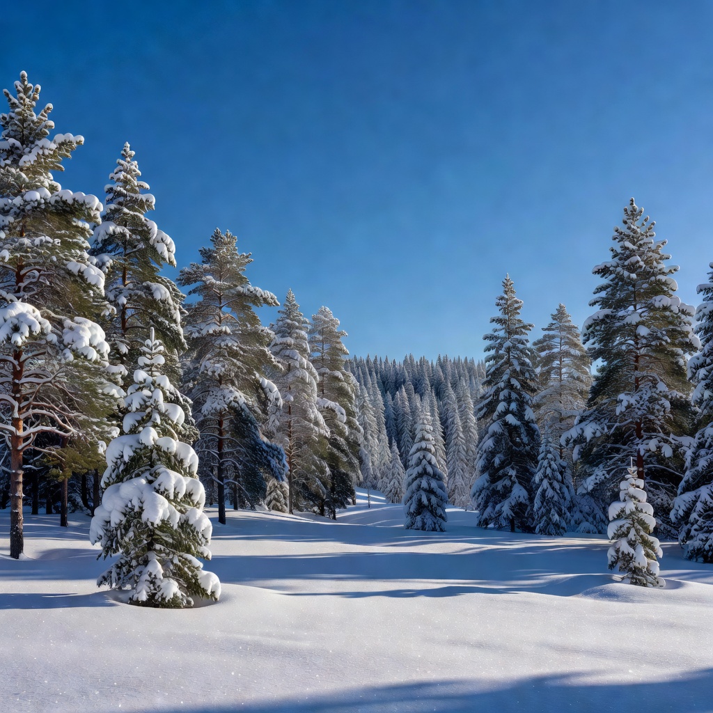 Scenic snow covered winter pine forest under a gorgeous clear cold sky