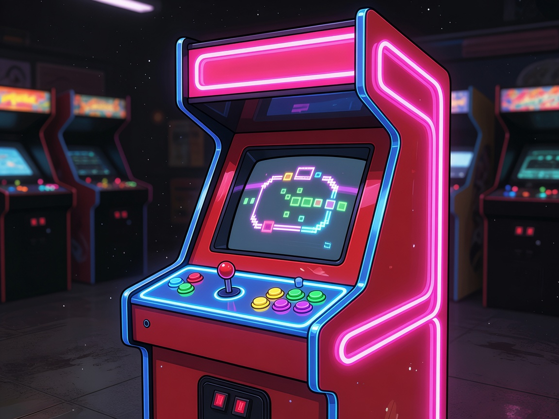 Vibrant cartoon retro arcade machine glowing with pink and blue neon lights
