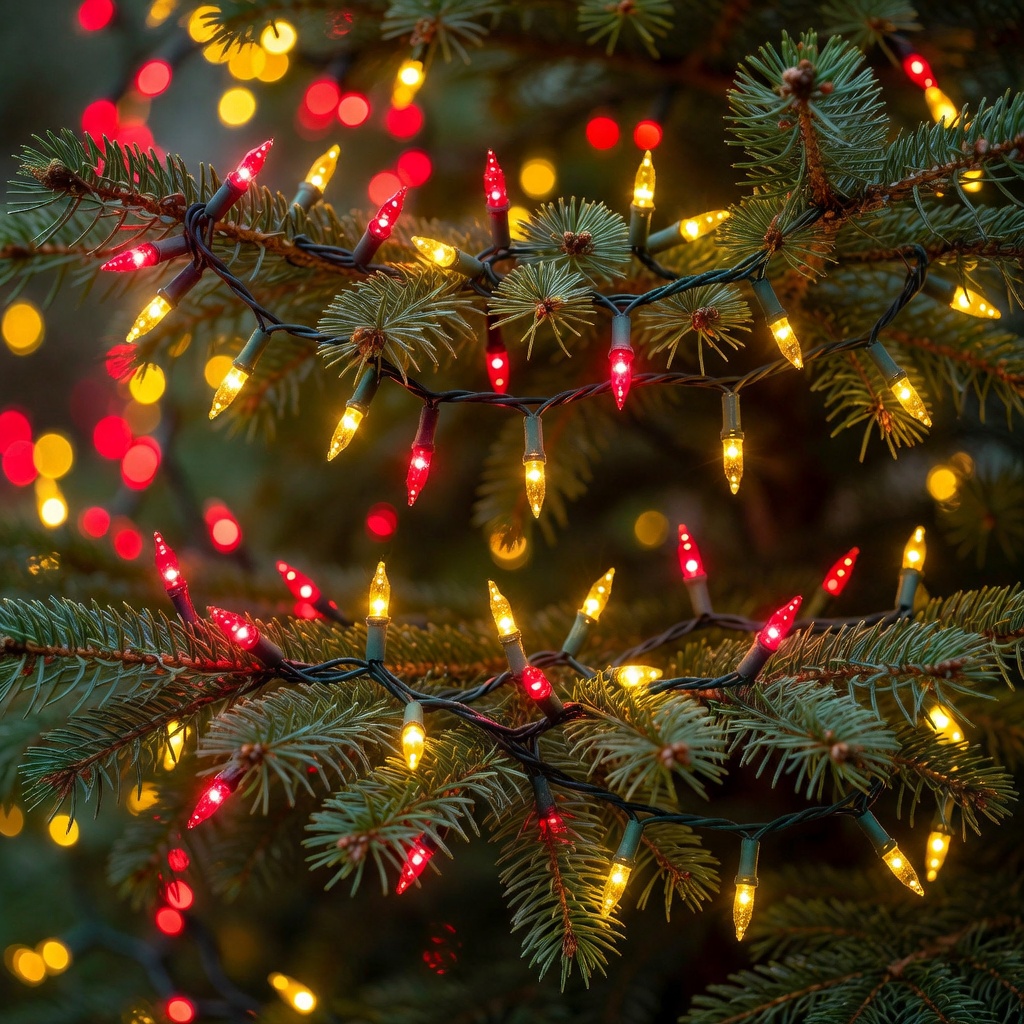 Warmly lit glowing red and yellow Christmas lights draped beautifully across pine branches